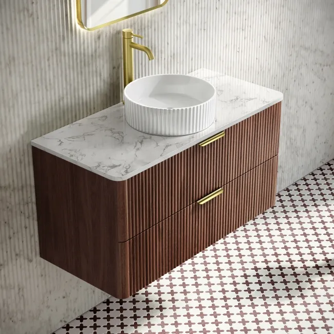 Cadiz Fluted Apex Walnut Wall Hung Drawer Vanity with Marble Top & Nevis Basin 1000mm - Brushed Brass Accents