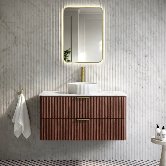 Cadiz Fluted Apex Walnut Wall Hung Drawer Vanity with Marble Top & Nevis Basin 1000mm - Brushed Brass Accents
