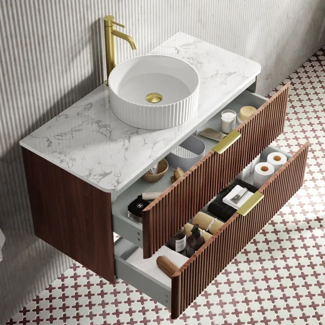 Cadiz Fluted Apex Walnut Wall Hung Drawer Vanity with Marble Top & Nevis Basin 1000mm - Brushed Brass Accents