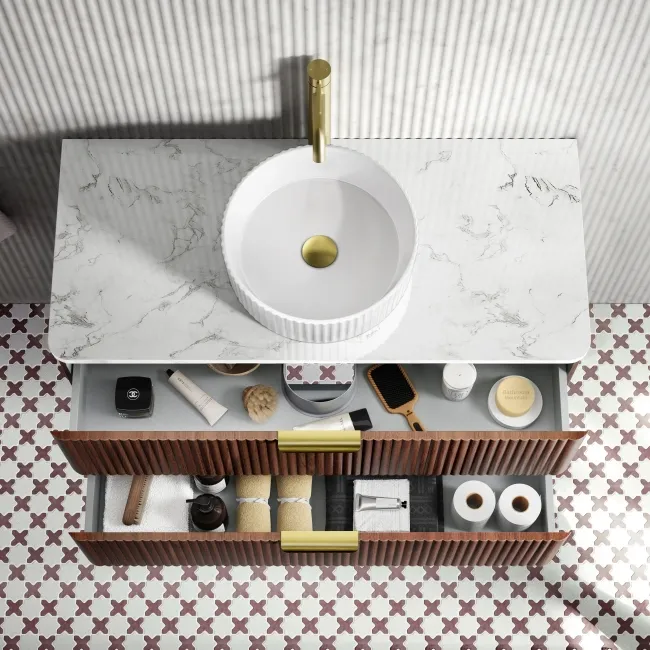 Cadiz Fluted Apex Walnut Wall Hung Drawer Vanity with Marble Top & Nevis Basin 1000mm - Brushed Brass Accents