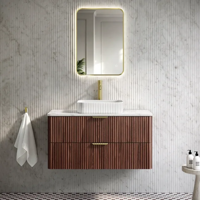 Cadiz Fluted Apex Walnut Wall Hung Drawer Vanity with Marble Top & Reno Basin 1000mm - Brushed Brass Accents