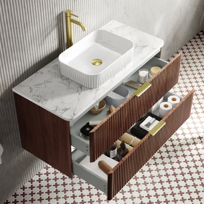 Cadiz Fluted Apex Walnut Wall Hung Drawer Vanity with Marble Top & Reno Basin 1000mm - Brushed Brass Accents