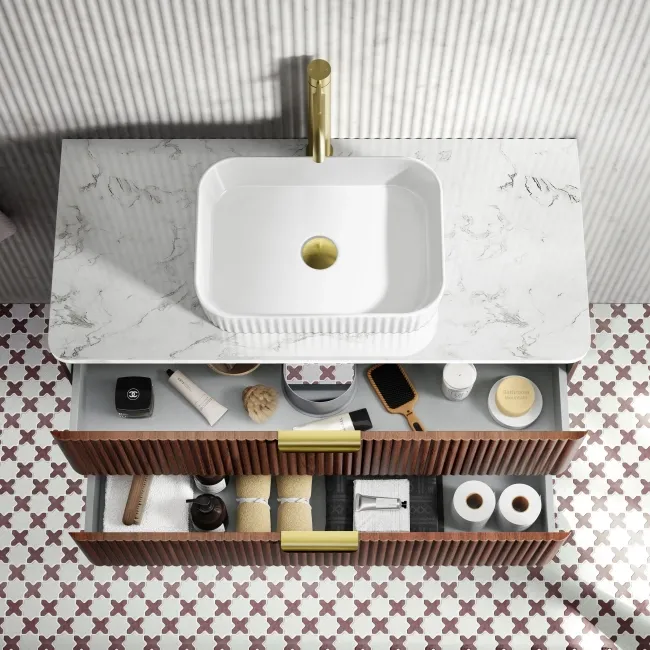 Cadiz Fluted Apex Walnut Wall Hung Drawer Vanity with Marble Top & Reno Basin 1000mm - Brushed Brass Accents