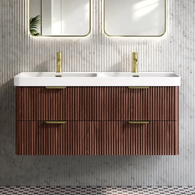 Cadiz Fluted Apex Walnut Wall Hung Double Basin Drawer Vanity 1200mm - Brushed Brass Accents
