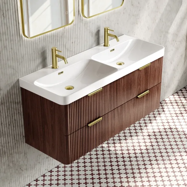 Cadiz Fluted Apex Walnut Wall Hung Double Basin Drawer Vanity 1200mm - Brushed Brass Accents
