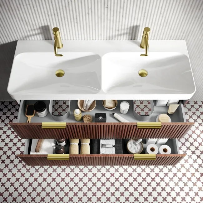 Cadiz Fluted Apex Walnut Wall Hung Double Basin Drawer Vanity 1200mm - Brushed Brass Accents