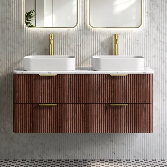 Cadiz Fluted Apex Walnut Double Wall Hung Drawer Vanity with Marble Top 1200mm (Excludes Basin) - Brushed Brass Accents