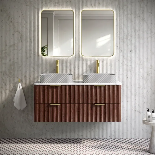 Cadiz Fluted Apex Walnut Double Wall Hung Drawer Vanity with Marble Top 1200mm (Excludes Basin) - Brushed Brass Accents