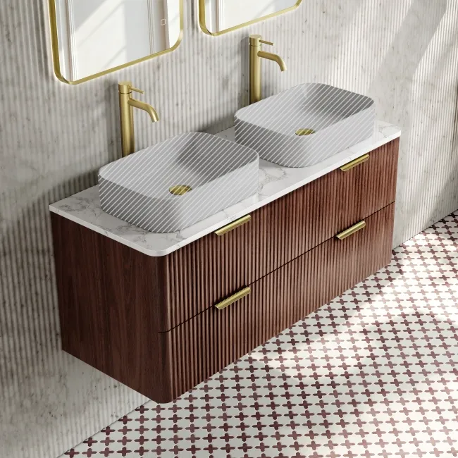 Cadiz Fluted Apex Walnut Double Wall Hung Drawer Vanity with Marble Top 1200mm (Excludes Basin) - Brushed Brass Accents