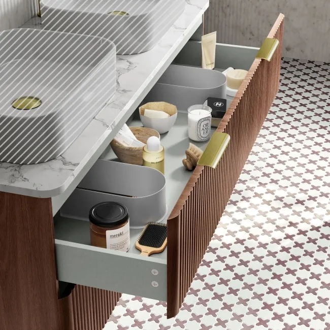 Cadiz Fluted Apex Walnut Double Wall Hung Drawer Vanity with Marble Top 1200mm (Excludes Basin) - Brushed Brass Accents