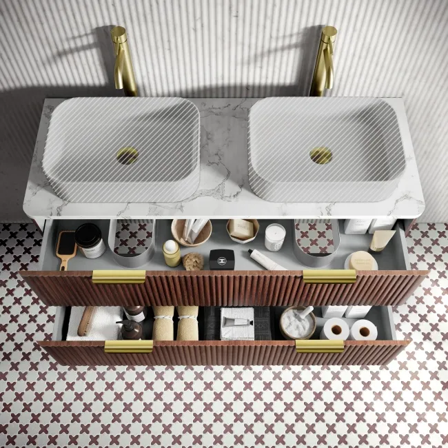 Cadiz Fluted Apex Walnut Double Wall Hung Drawer Vanity with Marble Top 1200mm (Excludes Basin) - Brushed Brass Accents