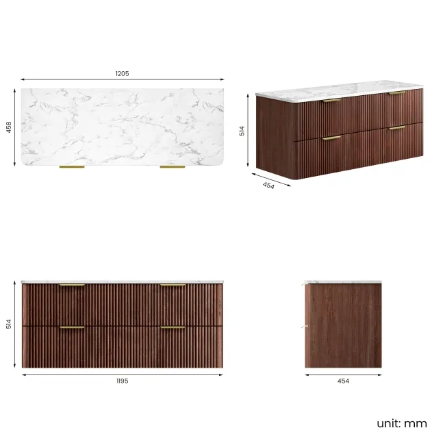 Cadiz Fluted Apex Walnut Double Wall Hung Drawer Vanity with Marble Top 1200mm (Excludes Basin) - Brushed Brass Accents
