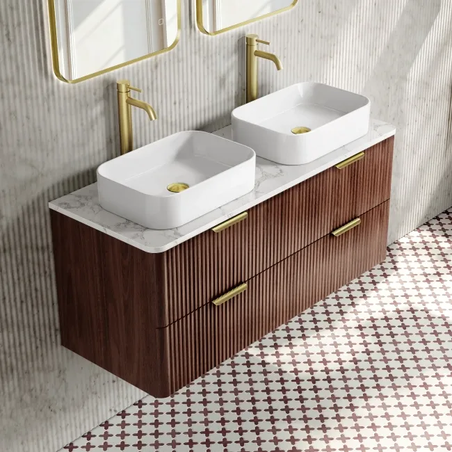 Cadiz Fluted Apex Walnut Double Wall Hung Drawer Vanity with Marble Top & Marin Basin 1200mm - Brushed Brass Accents