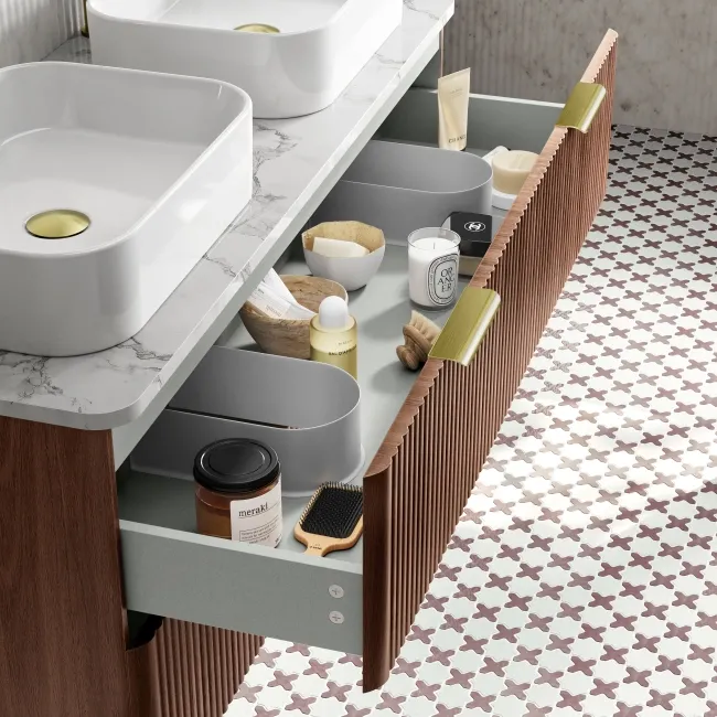 Cadiz Fluted Apex Walnut Double Wall Hung Drawer Vanity with Marble Top & Marin Basin 1200mm - Brushed Brass Accents