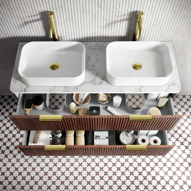 Cadiz Fluted Apex Walnut Double Wall Hung Drawer Vanity with Marble Top & Marin Basin 1200mm - Brushed Brass Accents