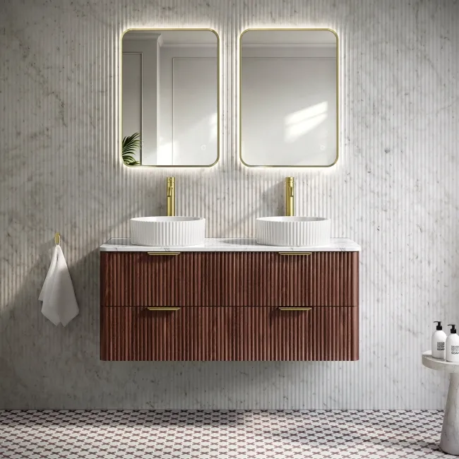 Cadiz Fluted Apex Walnut Double Wall Hung Drawer Vanity with Marble Top & Nevis Basin 1200mm - Brushed Brass Accents