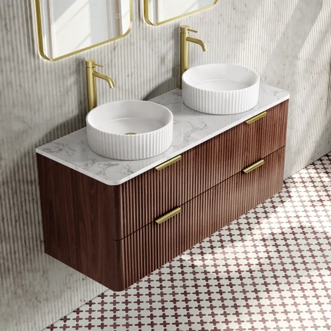 Cadiz Fluted Apex Walnut Double Wall Hung Drawer Vanity with Marble Top & Nevis Basin 1200mm - Brushed Brass Accents