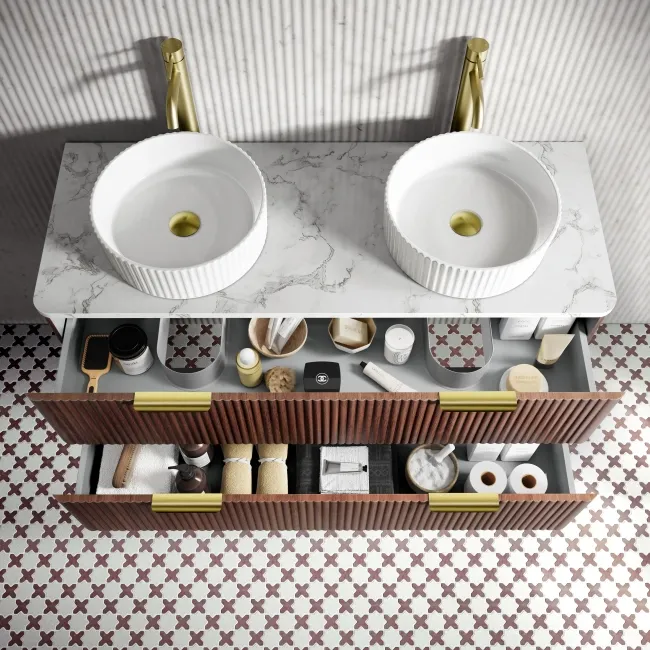 Cadiz Fluted Apex Walnut Double Wall Hung Drawer Vanity with Marble Top & Nevis Basin 1200mm - Brushed Brass Accents