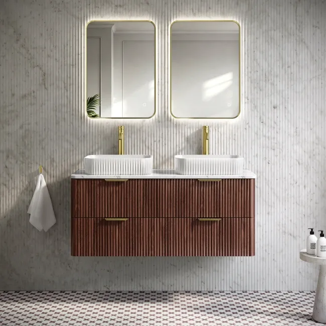 Cadiz Fluted Apex Walnut Double Wall Hung Drawer Vanity with Marble Top & Reno Basin 1200mm - Brushed Brass Accents