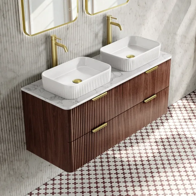 Cadiz Fluted Apex Walnut Double Wall Hung Drawer Vanity with Marble Top & Reno Basin 1200mm - Brushed Brass Accents