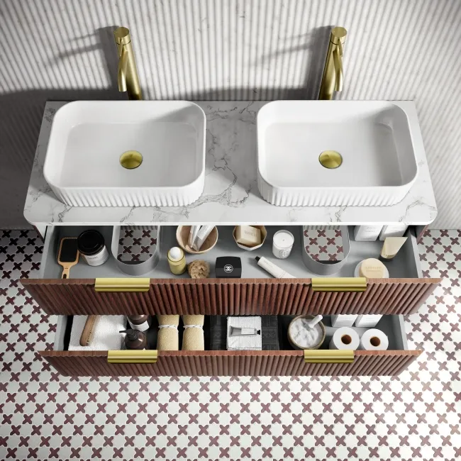 Cadiz Fluted Apex Walnut Double Wall Hung Drawer Vanity with Marble Top & Reno Basin 1200mm - Brushed Brass Accents