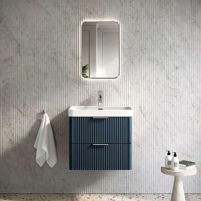 Cadiz Fluted Navy Blue Wall Hung Basin Drawer Vanity 600mm - Chrome Handles