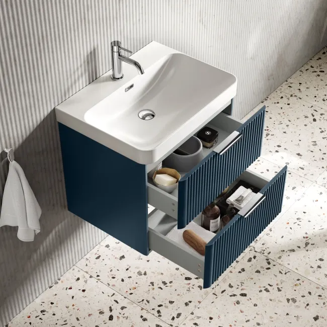 Cadiz Fluted Navy Blue Wall Hung Basin Drawer Vanity 600mm - Chrome Handles