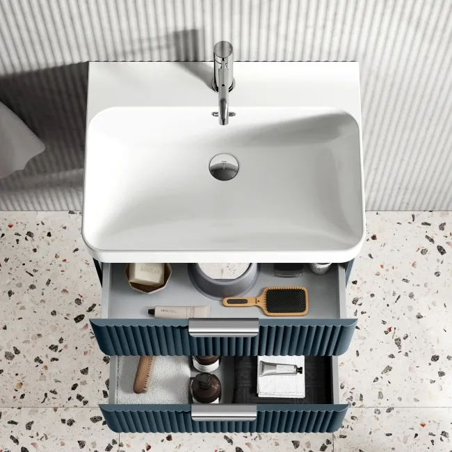 Cadiz Fluted Navy Blue Wall Hung Basin Drawer Vanity 600mm - Chrome Handles