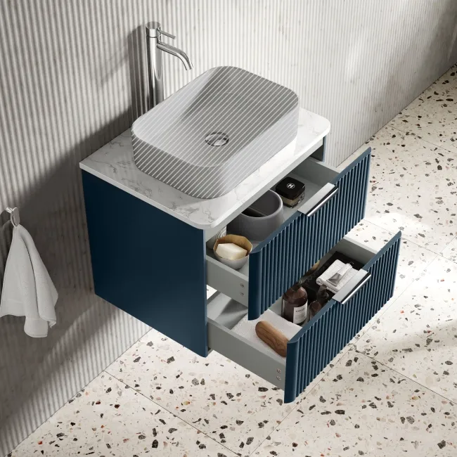 Cadiz Fluted Navy Blue Wall Hung Drawer Vanity with Marble Top 600mm (Excludes Basin) - Chrome Handles