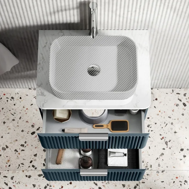 Cadiz Fluted Navy Blue Wall Hung Drawer Vanity with Marble Top 600mm (Excludes Basin) - Chrome Handles
