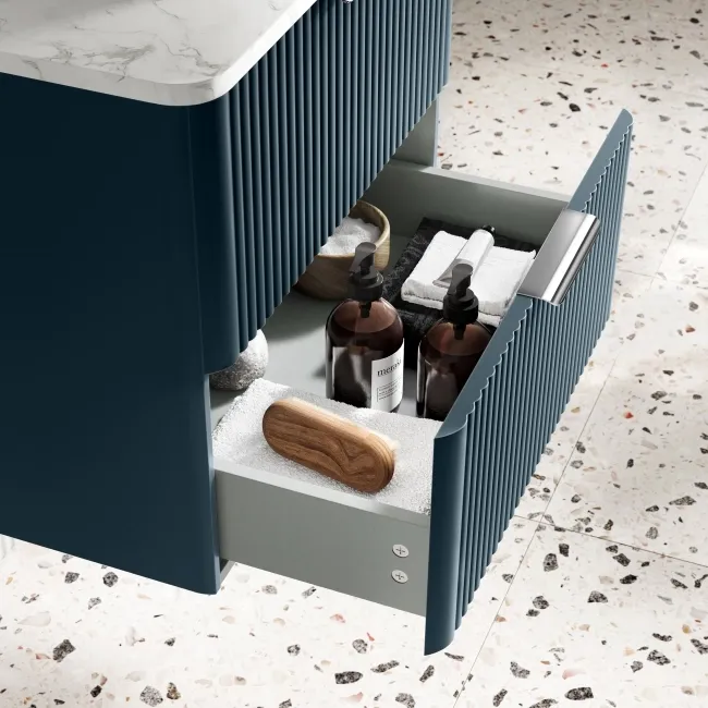 Cadiz Fluted Navy Blue Wall Hung Drawer Vanity with Marble Top 600mm (Excludes Basin) - Chrome Handles