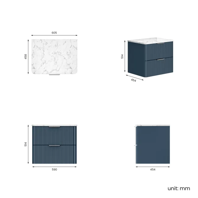 Cadiz Fluted Navy Blue Wall Hung Drawer Vanity with Marble Top 600mm (Excludes Basin) - Chrome Handles