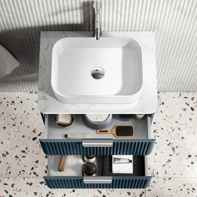 Cadiz Fluted Navy Blue Wall Hung Drawer Vanity with Marble Top & Marin Basin 600mm - Chrome Handles