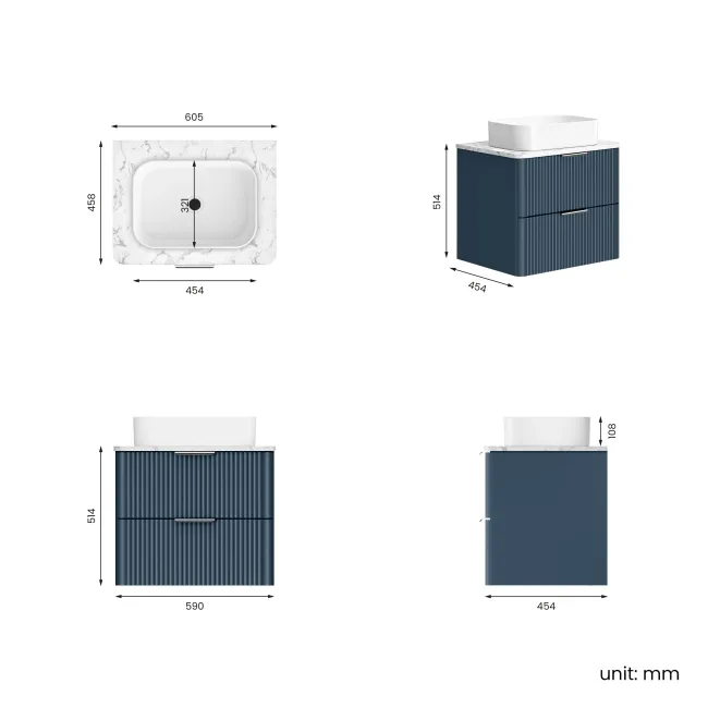 Cadiz Fluted Navy Blue Wall Hung Drawer Vanity with Marble Top & Marin Basin 600mm - Chrome Handles