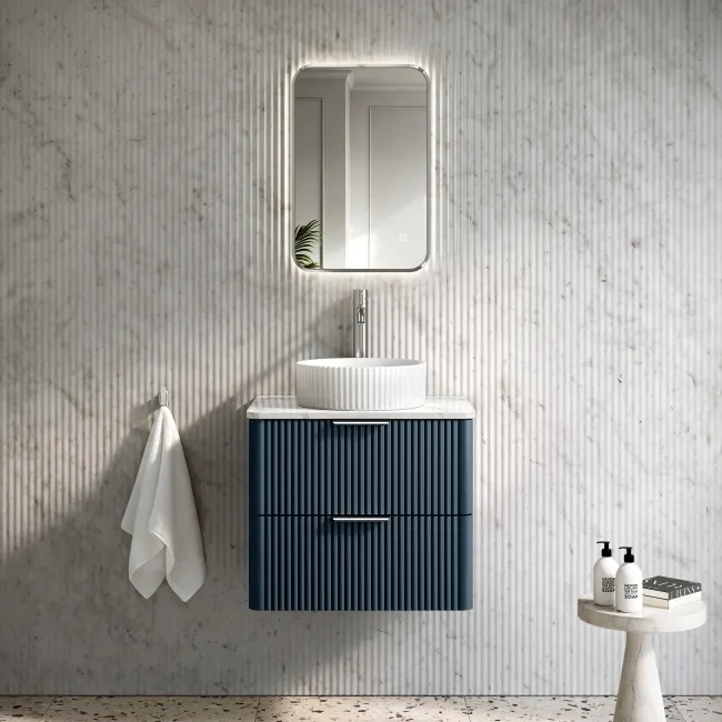 Cadiz Fluted Navy Blue Wall Hung Drawer Vanity with Marble Top & Nevis Basin 600mm - Chrome Handles