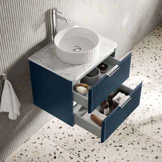 Cadiz Fluted Navy Blue Wall Hung Drawer Vanity with Marble Top & Nevis Basin 600mm - Chrome Handles