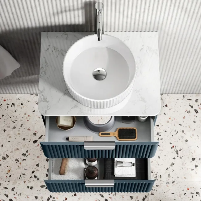 Cadiz Fluted Navy Blue Wall Hung Drawer Vanity with Marble Top & Nevis Basin 600mm - Chrome Handles