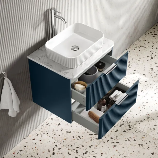 Cadiz Fluted Navy Blue Wall Hung Drawer Vanity with Marble Top & Reno Basin 600mm - Chrome Handles