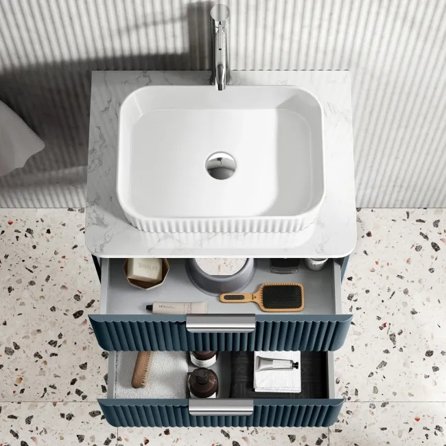 Cadiz Fluted Navy Blue Wall Hung Drawer Vanity with Marble Top & Reno Basin 600mm - Chrome Handles