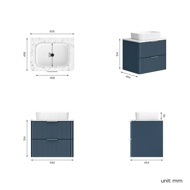 Cadiz Fluted Navy Blue Wall Hung Drawer Vanity with Marble Top & Reno Basin 600mm - Chrome Handles