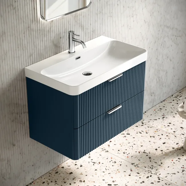 Cadiz Fluted Navy Blue Wall Hung Basin Drawer Vanity 800mm - Chrome Handles