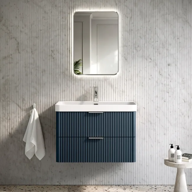 Cadiz Fluted Navy Blue Wall Hung Basin Drawer Vanity 800mm - Chrome Handles