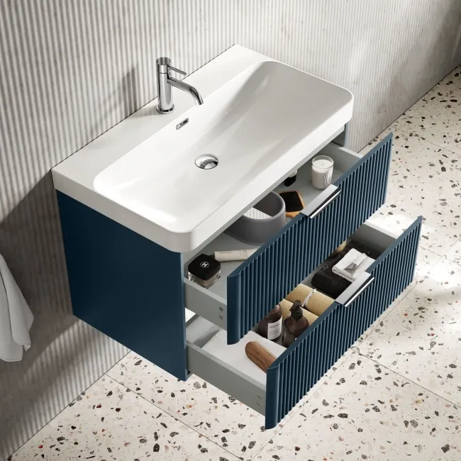 Cadiz Fluted Navy Blue Wall Hung Basin Drawer Vanity 800mm - Chrome Handles