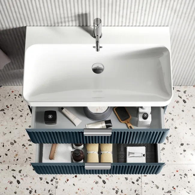 Cadiz Fluted Navy Blue Wall Hung Basin Drawer Vanity 800mm - Chrome Handles