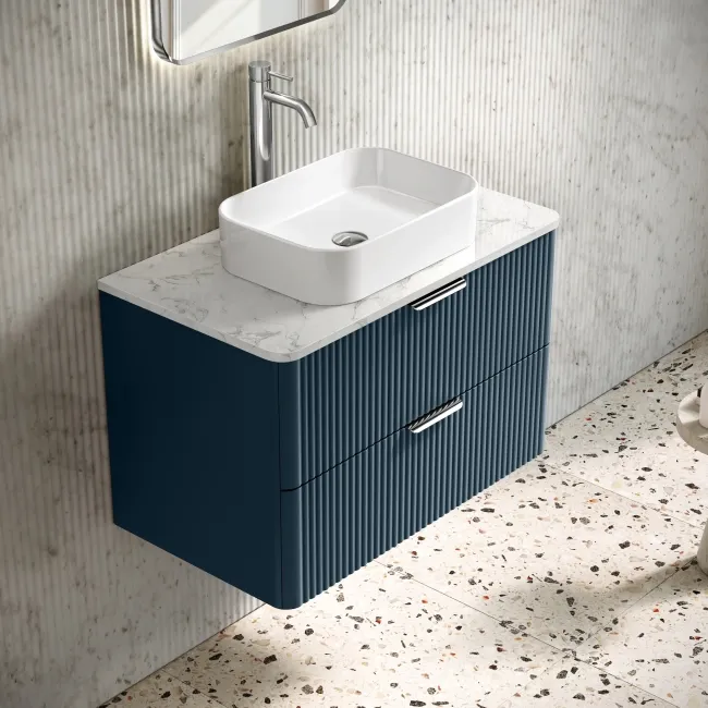 Cadiz Fluted Navy Blue Wall Hung Drawer Vanity with Marble Top 800mm (Excludes Basin) - Chrome Handles