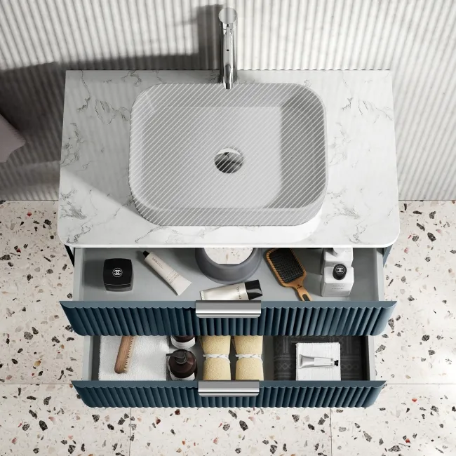 Cadiz Fluted Navy Blue Wall Hung Drawer Vanity with Marble Top 800mm (Excludes Basin) - Chrome Handles