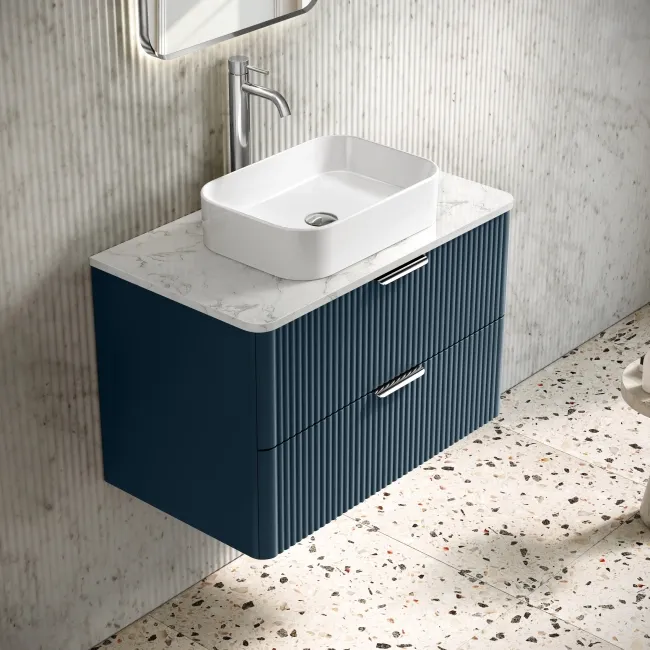 Cadiz Fluted Navy Blue Wall Hung Drawer Vanity with Marble Top & Marin Basin 800mm - Chrome Handles