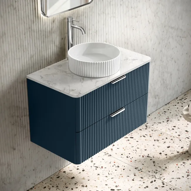 Cadiz Fluted Navy Blue Wall Hung Drawer Vanity with Marble Top & Nevis Basin 800mm - Chrome Handles