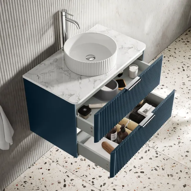 Cadiz Fluted Navy Blue Wall Hung Drawer Vanity with Marble Top & Nevis Basin 800mm - Chrome Handles