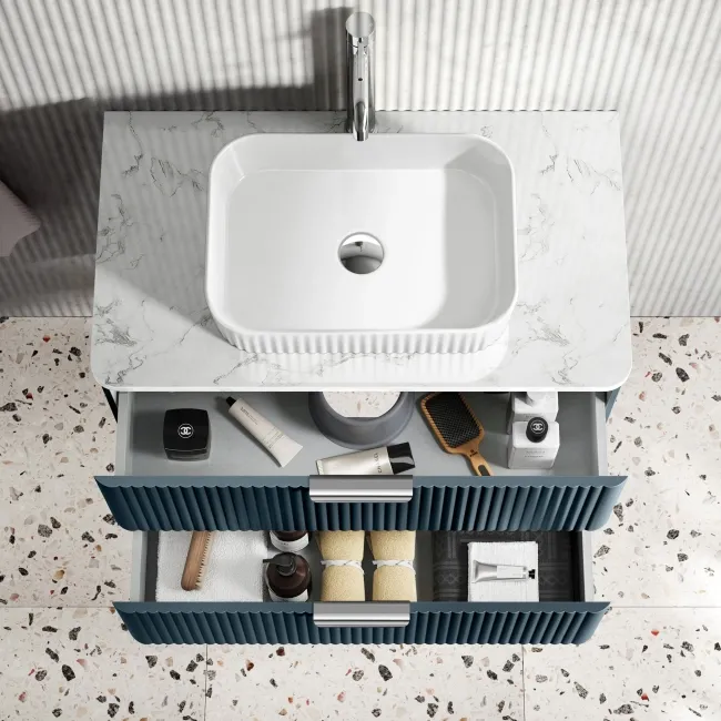 Cadiz Fluted Navy Blue Wall Hung Drawer Vanity with Marble Top & Reno Basin 800mm - Chrome Handles